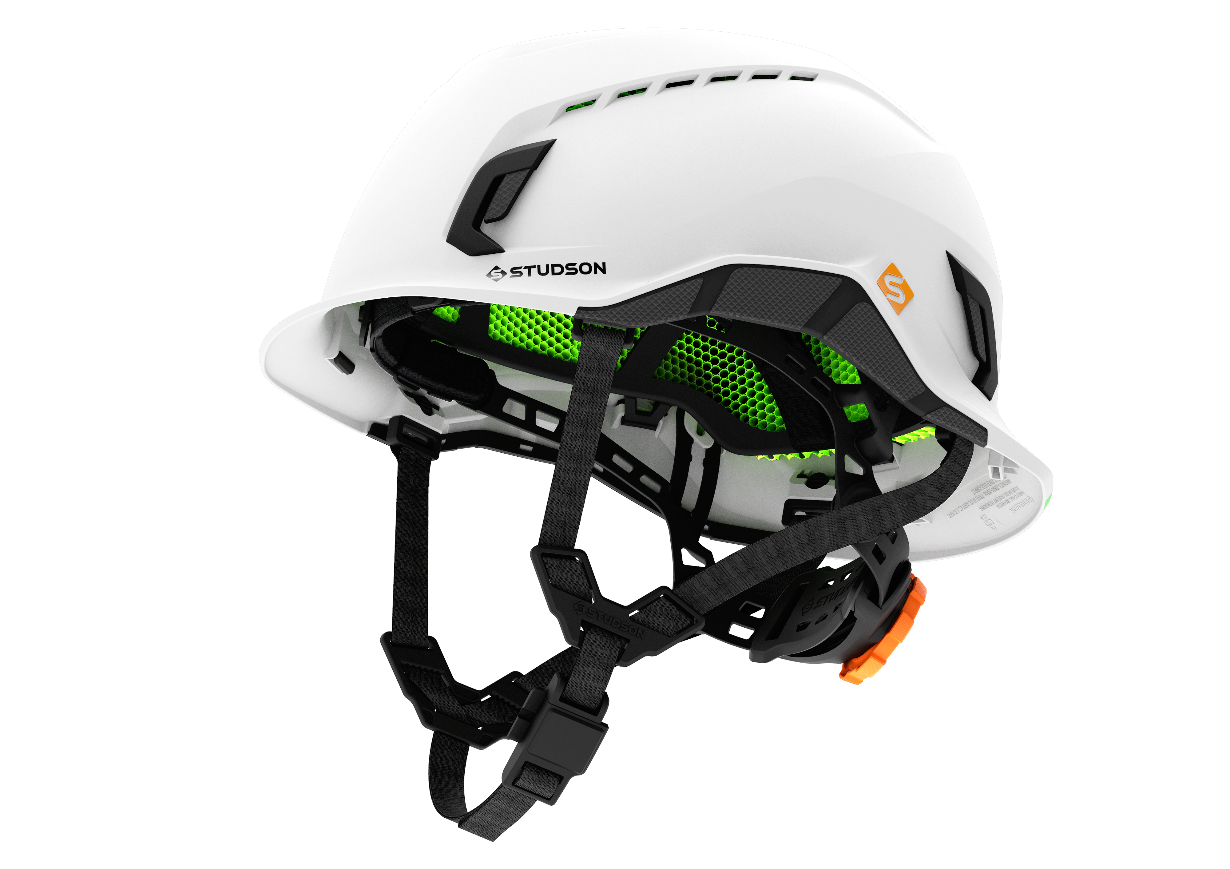 White Studson protective climbing helmet with neon green interior padding and black straps