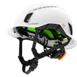 White Studson protective climbing helmet with neon green interior padding and black straps