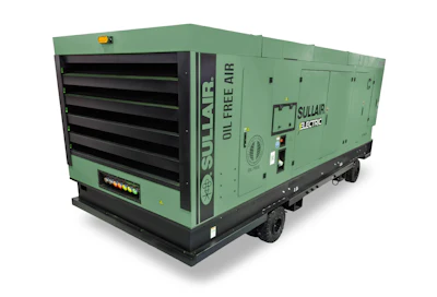 Green Sullair Electric portable air compressor unit with black horizontal louvers and control panel on wheeled base