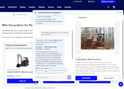 United Rentals website displaying mini excavator rental options with equipment details and pricing information