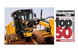 CAT motor grader with Equipment Today Contractors' Top 50 New Products 2026 Award Winner badge
