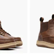 Two brown leather work boots with tan soles shown from side and front angles