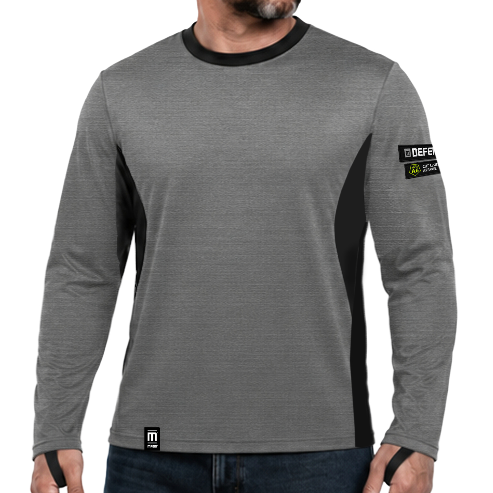 Gray and black long-sleeved crew neck shirt with DEFCON brand patch on sleeve