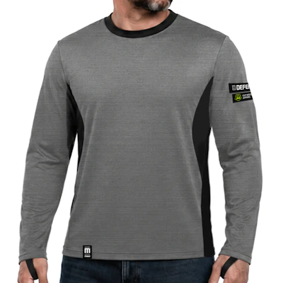 Gray and black long-sleeved crew neck shirt with DEFCON brand patch on sleeve