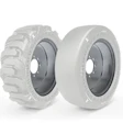 Two industrial tire wheels displayed side by side showing tread and smooth tire designs