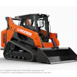 Orange and black Landcros compact track loader with bucket attachment on white background