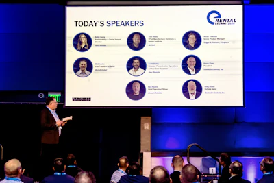 Conference presentation slide displaying today's speakers with Dental Computers logo and nine speaker profiles arranged in circular frames